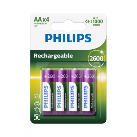 PHILIPS, Philips MultiLife 1.2V AA/HR6 2600mah NiMh rechargeable battery - 4-Pack, Size AA, BS050-CB