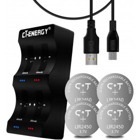 Oem, CT-ENERGY Lithium Coin Cell Battery Charger with 4 Pack Lir2450 3.7V High Capacity Rechargeable, Battery chargers, AL257...