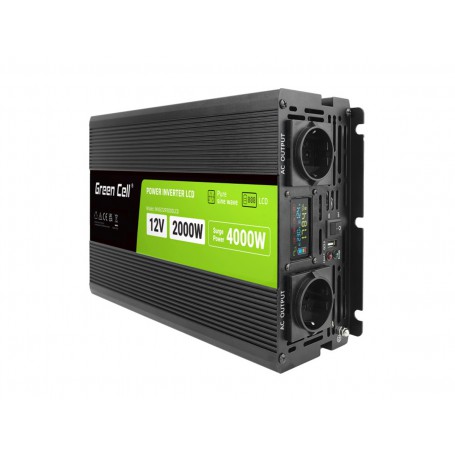 Green Cell - GREEN CELL Smart LCD 2000W 12V DC bis 230V AC mit USB QC3.0 Batteriewechselrichter reine Sinuskurve - Batterie-W...